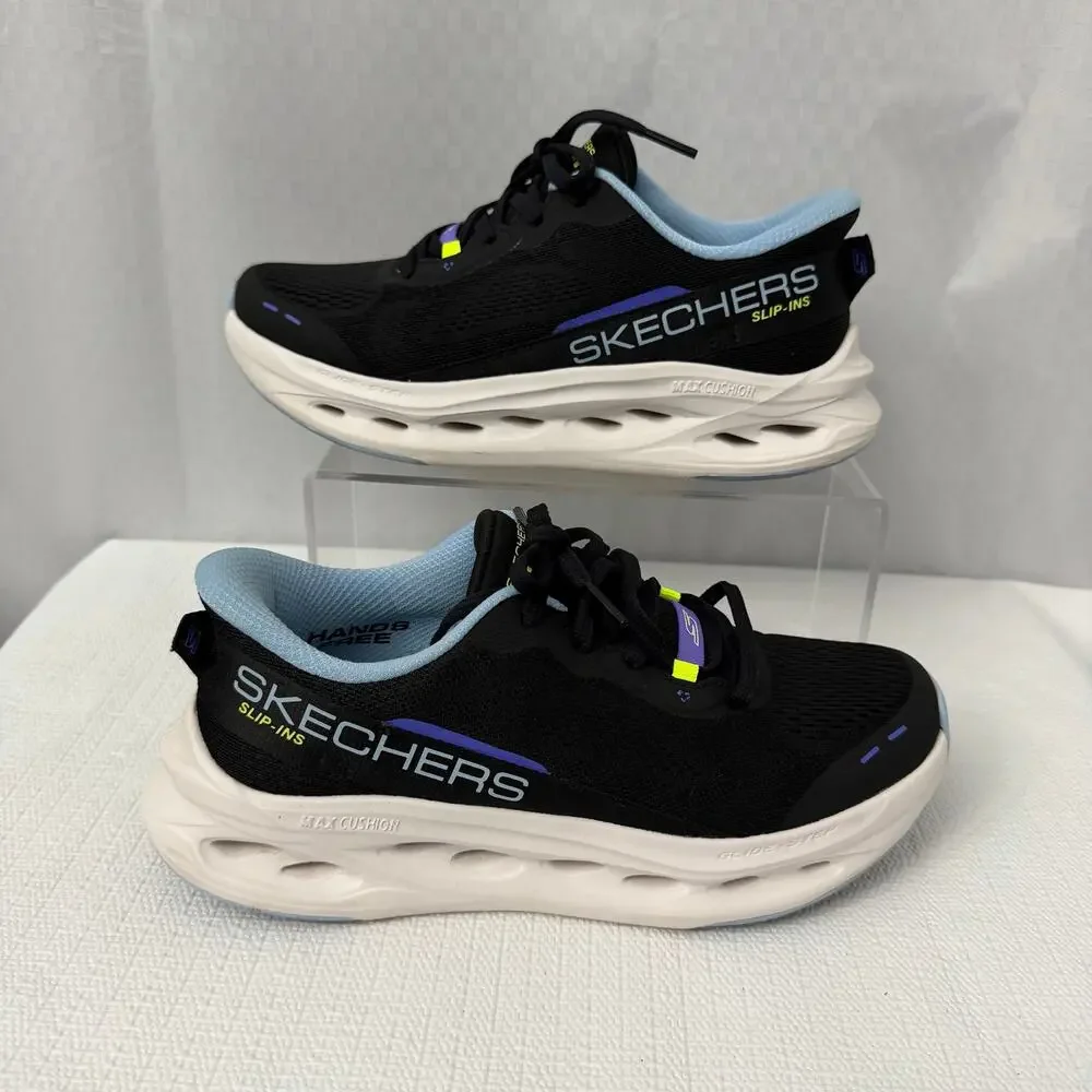 Skechers Max Cushioning Glide Step Shoes Womens Size 6.5 Black Blue Handsfree